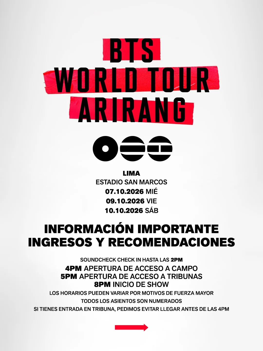 Lámina oficial «BTS World Tour Arirang · Lima, Estadio San Marcos: información importante, ingresos y recomendaciones», con los horarios de acceso.