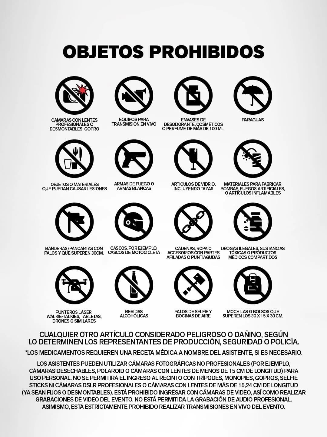 Lámina oficial «Objetos prohibidos», con los dieciséis objetos que no se pueden llevar al estadio y las reglas sobre cámaras.