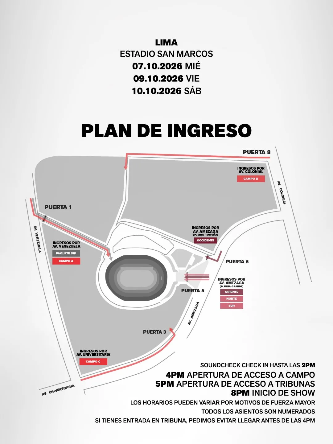 Lámina oficial «Plan de ingreso»: mapa del estadio con las puertas 1, 3, 5, 6 y 8 y las entradas que pasan por cada una.