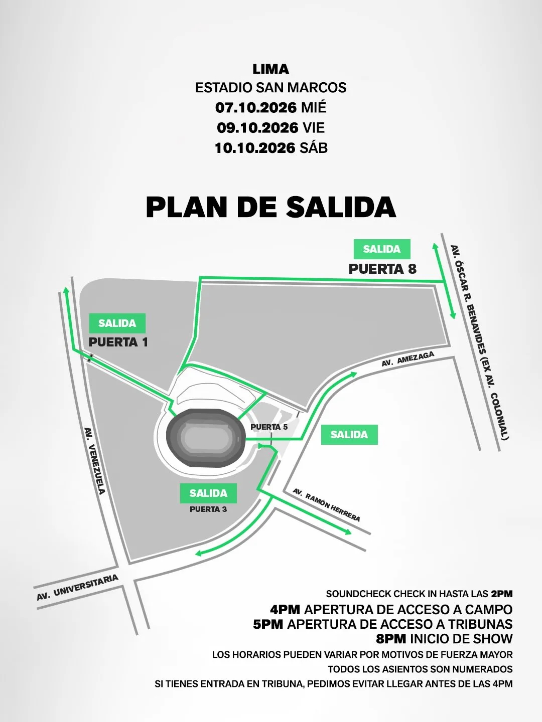 Lámina oficial «Plan de salida»: mapa del estadio con las salidas por las puertas 1, 3, 5 y 8.