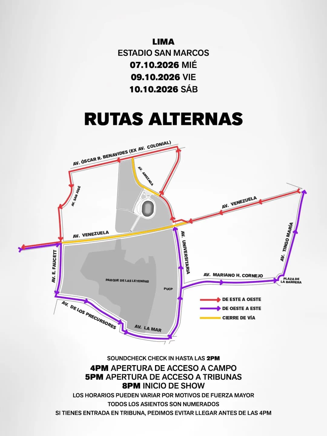 Lámina oficial «Rutas alternas»: el cierre de la Av. Venezuela y la Av. Amézaga en amarillo, la ruta de este a oeste en rojo y la de oeste a este en morado.