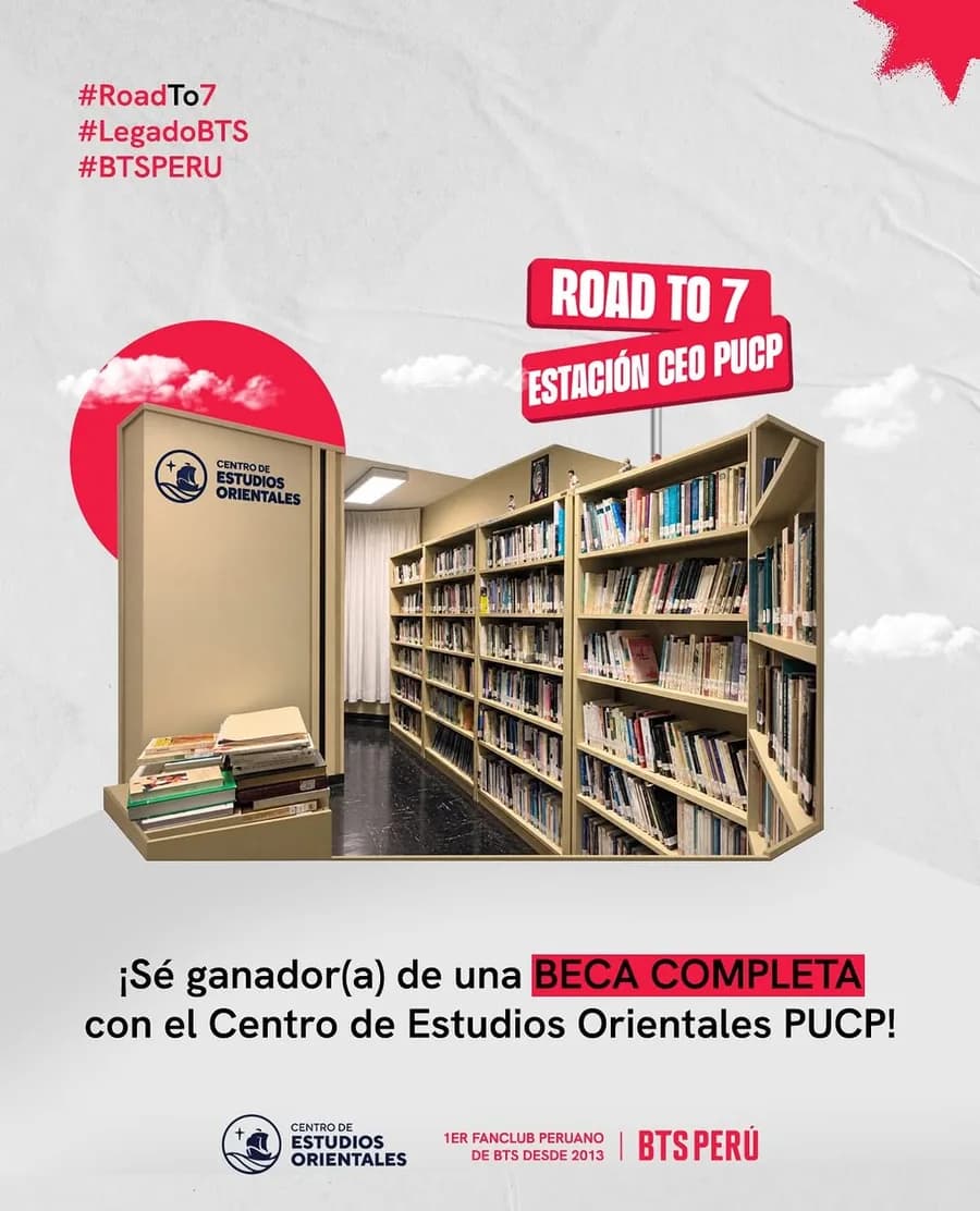Ilustración de una biblioteca bajo el rótulo «ROAD TO 7 · Estación CEO PUCP», con el texto «¡Sé ganador(a) de una beca completa con el Centro de Estudios Orientales PUCP!».