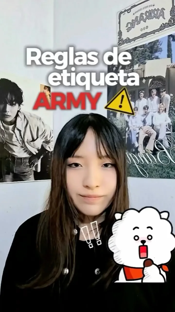 Portada del video «Reglas de etiqueta ARMY», con una ARMY hablando a cámara y pósters de BTS al fondo.