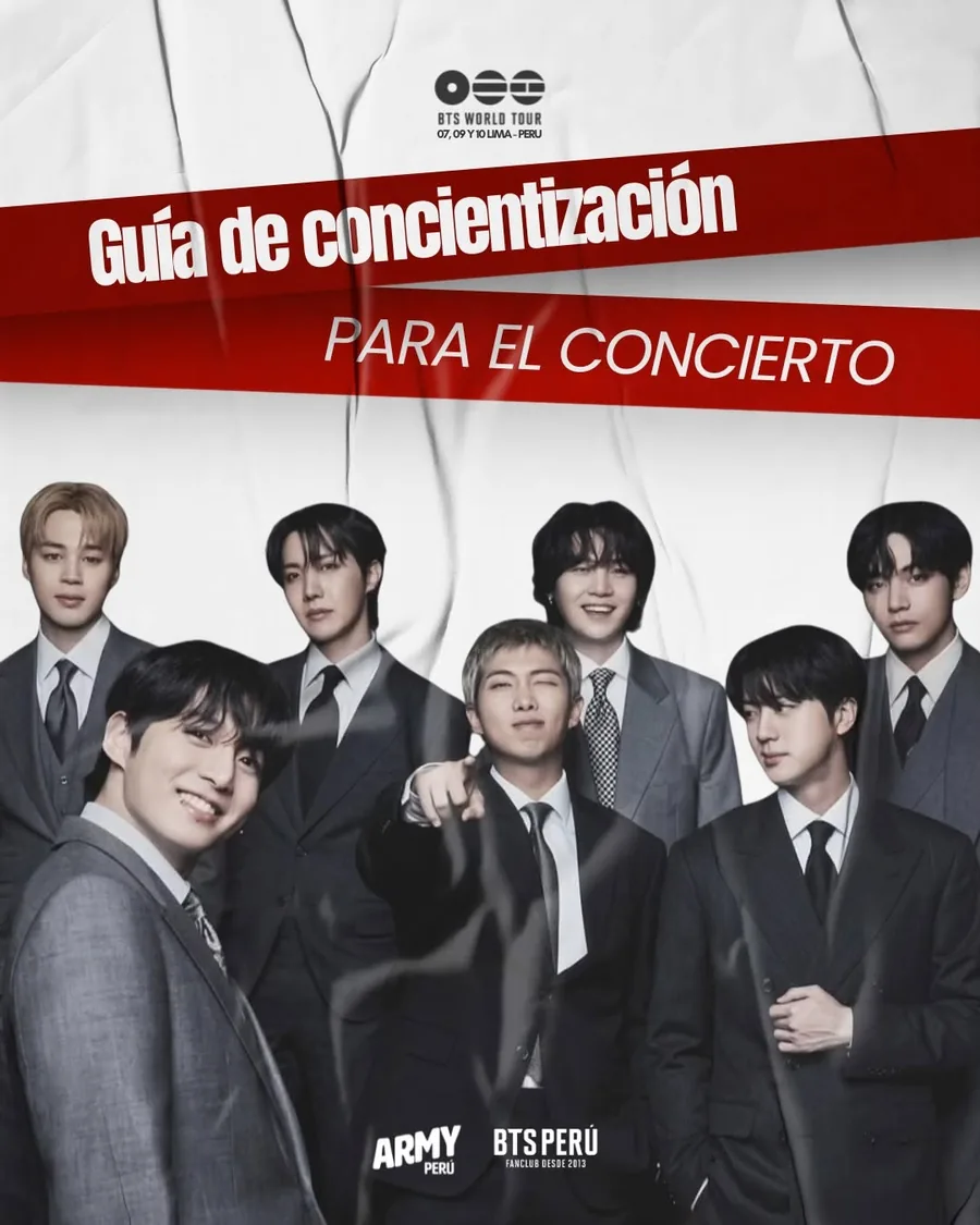 Pieza oficial «Guía de concientización para el concierto», con los siete integrantes de BTS y los logotipos de ARMY Perú y BTS Perú.