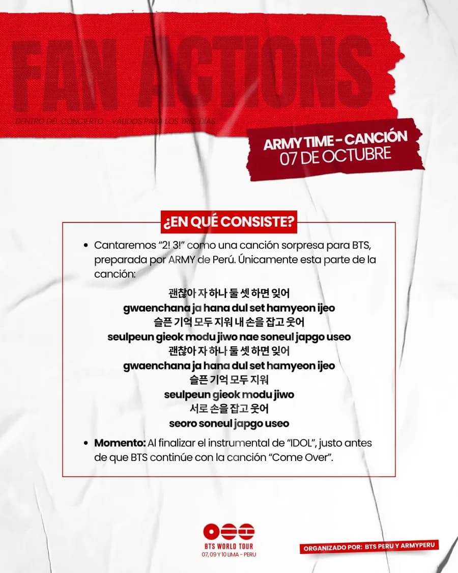 Lámina oficial de ARMY TIME del 7 de octubre, con la parte de «2! 3!» que cantará el estadio.