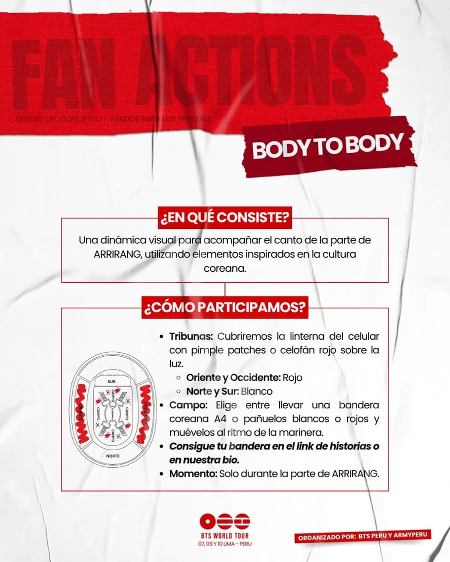 Lámina oficial de BODY TO BODY con el mapa del estadio y los colores de luz por tribuna.