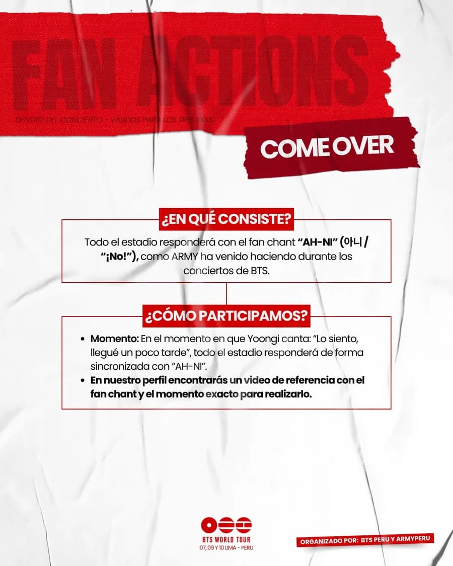 Lámina oficial de COME OVER con las indicaciones del fan chant «AH-NI».