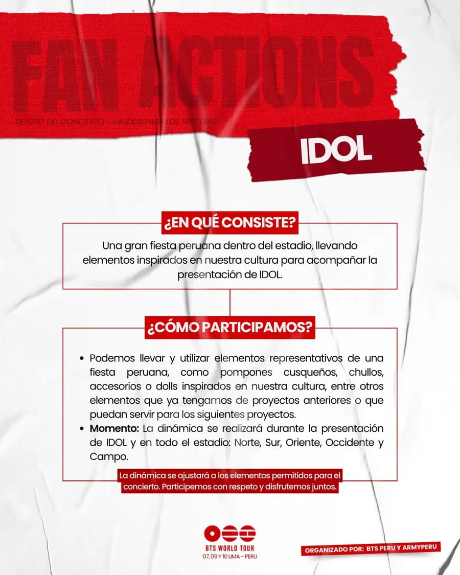 Lámina oficial de IDOL con las indicaciones de la fiesta peruana dentro del estadio.
