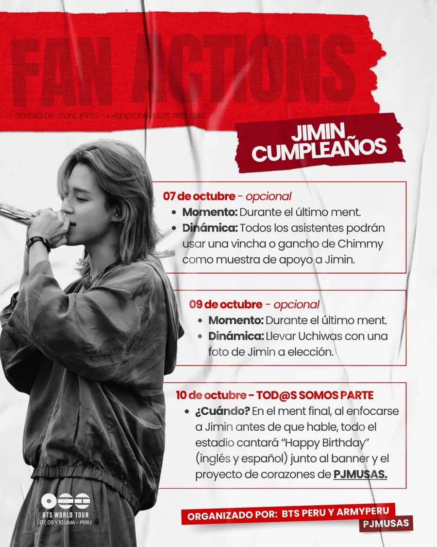 Lámina oficial «Fan actions · Jimin cumpleaños», con lo que toca el 7, el 9 y el 10 de octubre.
