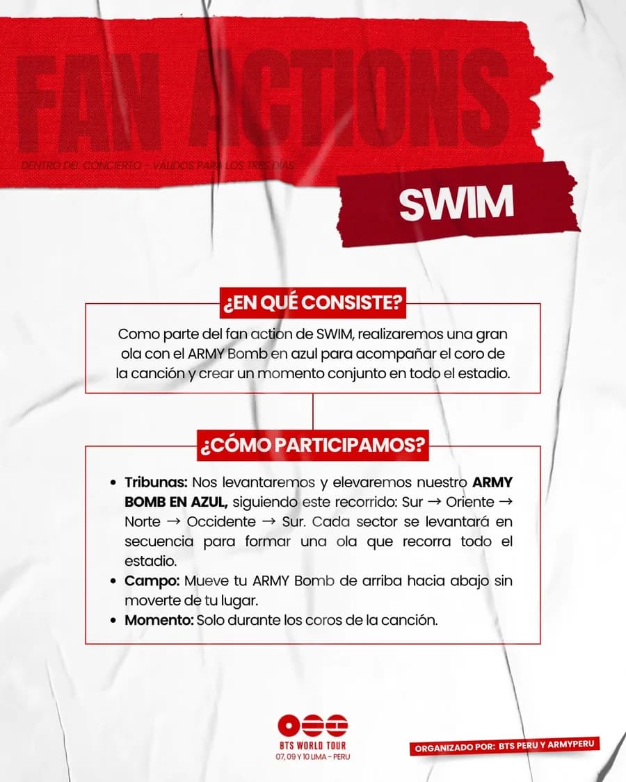 Lámina oficial de SWIM con las indicaciones de la ola de ARMY Bomb por tribunas y campo.